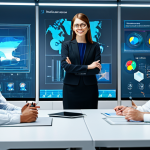 A diverse group of professionals, fully clothed in modest, modern business attire, are engaged in collaborative work within a futuristic virtual office environment. They interact seamlessly with holographic interfaces, shared interactive 3D models, and expansive digital whiteboards displaying complex data and design concepts. The virtual space is sleek, brightly lit, and highly organized, emphasizing innovation and efficiency. Perfect anatomy, correct proportions, natural poses, well-formed hands, proper finger count, and natural body proportions are visible. This is a professional photographic rendering, with high detail, safe for work, appropriate content, fully clothed, and professional.