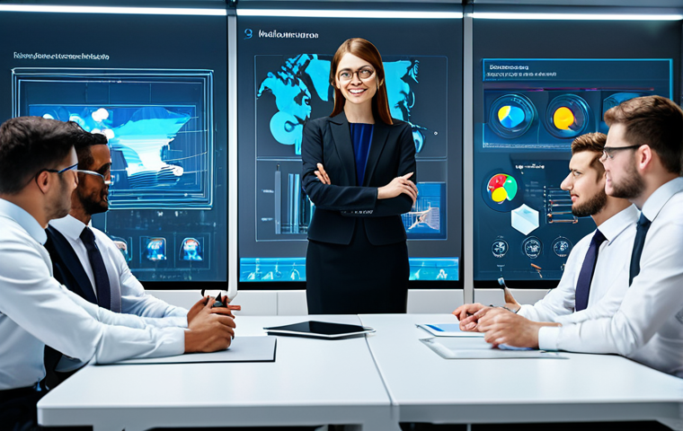 A diverse group of professionals, fully clothed in modest, modern business attire, are engaged in collaborative work within a futuristic virtual office environment. They interact seamlessly with holographic interfaces, shared interactive 3D models, and expansive digital whiteboards displaying complex data and design concepts. The virtual space is sleek, brightly lit, and highly organized, emphasizing innovation and efficiency. Perfect anatomy, correct proportions, natural poses, well-formed hands, proper finger count, and natural body proportions are visible. This is a professional photographic rendering, with high detail, safe for work, appropriate content, fully clothed, and professional.